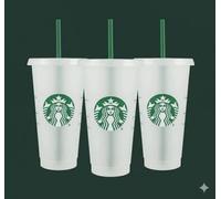 Starbucks Venti - Lot de 3 gobelets réutilisables en plastique dur avec couvercle et paille verte - 700 ml