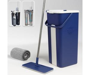 STARLYF Kit Balai Serpillère & Seau Essoreur Autoclean Mop, Le système Lave-Sol Auto nettoyant, Auto séchant, Balai Microfibre Plat avec Manche en INOX, Seau Double Compartiment