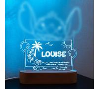 StarMaker Lampe Stitch personnalisée avec prénom gravé - Cadeau enfant Veilleuse Stitch décoration chambre lumineuse LED lampe effet 3D, socle en bois et acrylique