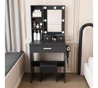 staronce Coiffeuse 60 x 38 x 131,5 cm - Noir - Avec miroir LED et prise - Coiffeuse avec 3 tiroirs et tabouret - Petite table de maquillage avec support pour sèche-cheveux - Pour chambre à coucher