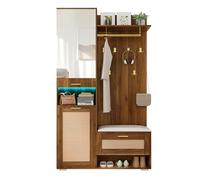 staronce Garde-robe avec LED et miroir - Armoire avec 3 portes (aspect rotin), armoire à chaussures et banc, 6 crochets dorés - Portemanteau de couloir avec LED APP 16 couleurs - Noyer/blanc - 110 x