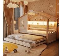 staronce Lit pour enfant 90 x 200 cm avec lit gigogne et LED - Lit maison en bois massif, blanc/naturel, avec tiroirs et USB, lit avec espace de rangement pour chambre d'enfant, charge de 120 kg