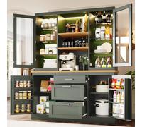 staronce Meuble de Cuisine Buffet Haut avec 3 tiroirs 185 × 140 × 40 cm, étagères réglables, Plan de Travail, éclairage LED APP, Vert
