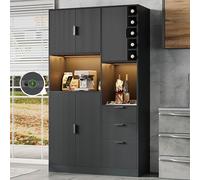 staronce Meuble de Cuisine Noir, Grand Buffet Haut avec Rangement, casier à Bouteilles, éclairage LED Changeable avec Prise intégrée, 3 tiroirs étagères Ajustables, 180×105×40 cm