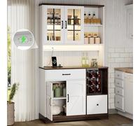 staronce Meuble de Cuisine Style Grange Naturel foncé et Blanc - Buffet Haut 185×105×40 cm, étagères réglables, tiroirs, Crochets INOX, éclairage LED Variable, Prises intégrées