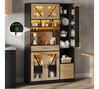 staronce Meuble de Cuisine Style Grange Noir - Vaisselier-Buffet Haut avec étagères réglables, tiroir, éclairage Del Multicolore, Prises intégrées, Rangement, 185×105×40 cm