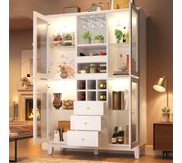 staronce Meuble de Rangement Buffet Haut 180,5 × 120 × 40 cm Blanc avec 3 tiroirs, étagères réglables, Porte-Verres et Porte-Bouteilles, éclairage LED APP, USB