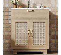 staronce Meuble sous lavabo 76 x 46 x 88 cm, naturel, rotin, fermeture | Armoire de salle de bain sur pied avec portes en rotin et lavabo en céramique pour petites salles de bains