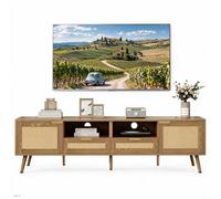 staronce Meuble TV bas avec rotin et pieds en bois, 200 cm | Meuble TV et table TV avec 2 tiroirs, portes et pieds réglables, pour salon, chêne, aggloméré