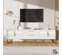 staronce Meuble TV blanc brillant avec accents dorés pour TV de 65", meuble bas avec 4 portes et 2 tiroirs, 170 cm, capacité de charge de 40 kg, design élégant