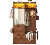 staronce Porte-manteau avec LED et compartiments pliants - 100 cm - Noyer | Porte-manteau compact avec miroir, banc et motif X pour couloir, entrée, couloir, 100 cm