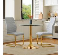 staronce Table de salle à manger avec 2 chaises, plateau rond en verre | coussin d'assise de 5 cm, dossier incliné, surpiqûre en losange, patins pour un déplacement silencieux et sans danger pour le