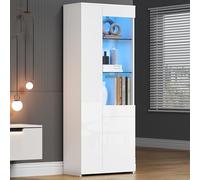 staronce Vitrine en verre avec éclairage LED et contrôle par application, armoire avec tiroir, vitrine debout pour salon, matériau bois et verre trempé, 70 x 35 x 180 cm, blanc brillant