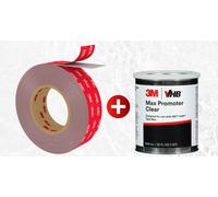 Starter Set : 1x art. 15726 3M VHB ruban adhésif Max-110GF, gris, 19 mm x 33 m, 1.1 mm, film de protection incl. 1x 3M VHB ruban adhésif Max promoteur d'adhésion, transparent, 236 ml x1 morceau