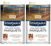 STARWAX - Cire Starlon Antitache pour Parquets Cirés Neufs et Anciens - Incolore - Embellit et Protège les Parquets Cirés des Taches - Non-glissant - Fabriqué en France - 1L - 30m² (Lot de 2)