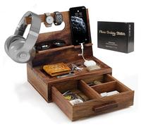 Station d'accueil pour téléphone en bois de noyer avec tiroir, organisateur de table de chevet