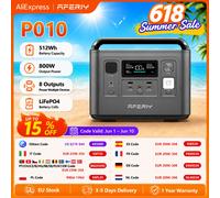 Station d'alimentation portable AFERIY P010 800W 512Wh, 8 sorties, charge complète en 1,5h, plus de 3500 cycles, batterie Lifepo₄, générateur extérieur, prise EU 800W 512Wh