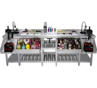 Station de bar Duo 2-en-1 Station à cocktails en acier inoxydable Modèle sur pied Bac à glaçons isolé Évier Mitigeur 360° Nettoyeur de verres Bac d'égouttage Étagère pour mixeur Speed Rail Casseroles 