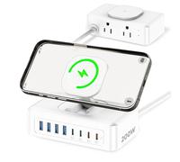 Station de charge USB 200 W, protection contre les surtensions USB C 11 en 1, multiprise, 2 sorties CA et 8 ports USB, câble d'extension de fiche plate de 1,5 m avec plusieurs