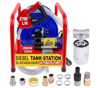 Station Gasoil EASY - Pompe Diesel Biodiesel Mazoute avec Rouleau de Tuyau d'Aspiration et de Pression 13m, Pistolet à Buse Automatique, Pré-filtre et Accessoires - Prête à l'Emploi 45lpm 260 Watts