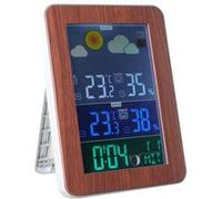 FISHTEC - Station Météo Color & Wood - Radio Pilotée Écran XL Coloré Bois Argenté Capteur Extérieur Phases Lunaires Double Alarme Luminosité Réglable 7 Langues 16.5x11.8x2.4 cm - Maison