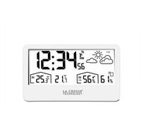 Station météo avec horloge radio, affichage de la température intérieure et extérieure, écran LCD, couleur blanche