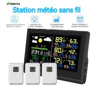 Station météo intelligente sans fil avec 3 capteurs, grand écran couleur, thermomètre et hygromètre numérique intérieur et extérieur pour le bureau et la maison noir