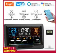 Station météo intelligente Tuya WIFI multifonctionnelle avec prévisions météo, hygromètre, thermomètre et horloge d'alarme pour intérieur et extérieur EU Plug