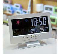 Station météo numérique avec thermomètre hygromètre et écran LCD couleur, moniteur de température et d'humidité, horloge avec alarme, répétition, rétroéclairage à commande vocale (argent)