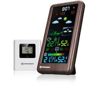Station météo radio Bresser avec écran couleur, effet bois, capteur extérieur, prévisions météo, température et humidité, alerte gel, réveil, indicateur confort intérieur