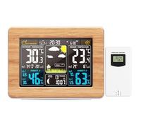 Station météo sans fil numérique colorée avec capteur extérieur, thermomètre intérieur et extérieur avec heure, date, température, humidité, baromètre, alarme, affichage des phases de la lune, horloge