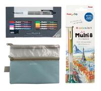 Stationery Set (3 pièces) - PH802ST + XPH804ST Art Multi - Fabriqué au Japon - Étui à stylo bleu inclus
