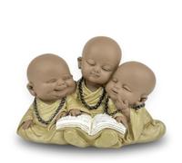 Statue 3 Bouddhas Bonze Lecture - Figurine inspirante et Joyeuse - Porte-Bonheur Positivité Concentration- Idée Cadeau Mignonne et Spirituelle -H 9 cm - Zen’Light, Marron & Beige