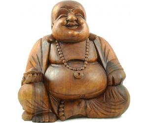 Statue Bouddha chinois rieur en bois sculpté 40cm Marron