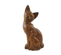 Statue chat et chaton en bois teinté sculpté à la main 32cm