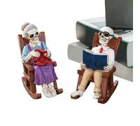 Statue Couple Squelette Duo de Lecture d'Halloween | Figurine Crâne Fauteuil à Bascule pour Table et Bibliothèque Ornement Sculpture Résine Décoration pour Chambre Étagère Table