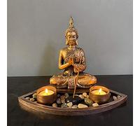Statue de Bouddha en méditation - Sculpture thaï - Photophore en prière - Statue de Bouddha Zen - Avec porte-bougie - Décoration pour balcon, jardin, terrasse (FX-13) C-G