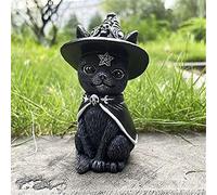 Statue de chat noir en résine chat en résine avec chapeau de sorcière, figurine de sculpture de jardin amusant décor de sorcière pour extérieur intérieur