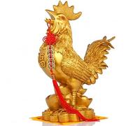 Statue de Coq doré de Bouddha d'accouplement, Ensemble de 5 pièces Porte-Bonheur sur chaîne Rouge, Figurine Feng Shui de prospérité pour la Maison, Sculpture Assise, décoration