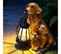 Statue de Jardin Chien Éclairage Solaire Extérieur: Figurine Chien Golden Retriever avec Chiots et Lanterne Solaire, Décoration Imperméable pour Balcon Terrasse, Idée Cadeau Anniversaire Femme Homme