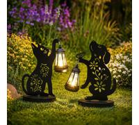 Statue de jardin chien et chat - Métal - Lanterne solaire - Extérieur