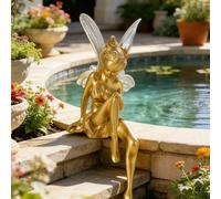 Statue de jardin de fée en or, figurine de fée assise, décoration extérieure fantaisiste, convient pour les jardinières, les patios, les cours arrière, les balcons, ajoute une décoration enchantée aux