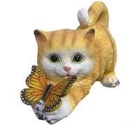 Statue de jardin en forme de chat mignon avec papillon - Figurine LED automatique en résine pour décoration extérieure, terrasse, pelouse, arrière-cour 22 x 11 cm (chaton jaune)