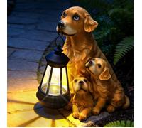 Statue de Jin Chien Éclairage Solaire Extérieur: Figurine Chien Golden Retriever avec Chiots et Lanterne Solaire Jaune