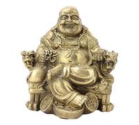 Statuette Bouddha Rieur, Laiton Maitreya, Bouddha Rieur Assis sur des pièces d'argent Porte-Bonheur Portant Un Lingot d'or pour Le Feng Shui Bonne Chance et Bonheur pour Salon, Bureau Décoration