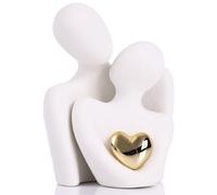 Statuette Couple Romantique en Céramique Blanche 8 cm, Sculpture Abstraite avec Cœur Doré, Figurine Amour pour Décoration Salon/Chambre, Cadeau Saint-Valentin, Anniversaire, Mariage (8 cm, Blanc)
