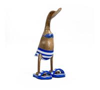 Meubletmoi Statuette décorative H. 40 cm Canard Maillot Bleu et Blanc rayé en Bois de Teck - Fabrication Artisanale - DAFLY