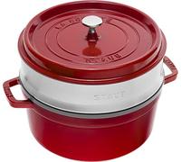 STAUB Cocotte en Fonte 26 cm, 5,25 L, Panier Vapeur, Cerise | Panier vapeur en inox, couvercle à picots avec système d’auto-arrosage, tous feux dont induction et four, fabriquée en France