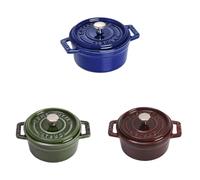 STAUB Lot de 3 Mini Cocottes en Fonte, Ronde, Ø 10 cm, 0,25 L, Bleu Intense, Vert/Basilic, Grenadine