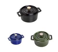 STAUB Lot de 3 Mini Cocottes en Fonte, Ronde, Ø 10 cm, 0,25 L, Noir Mat, Bleu Intense, Vert/Basilic